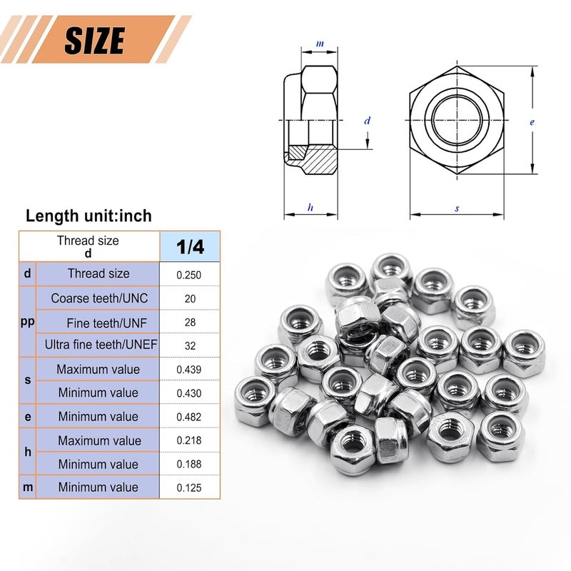 wegoup 1/4"-20 Stainless Steel Lock Nuts, 28 Pack A2-70 Nylon Insert Hex Nuts, Self-Locking 304 Stainless Steel Coarse Thread, Bright Finish - Image 2